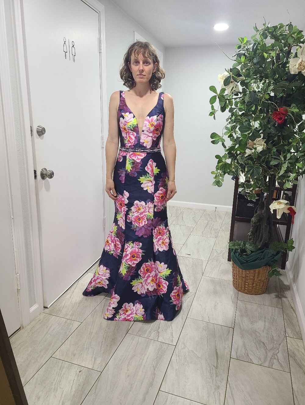 Camille Floral V-Neck Navy Evening Gown